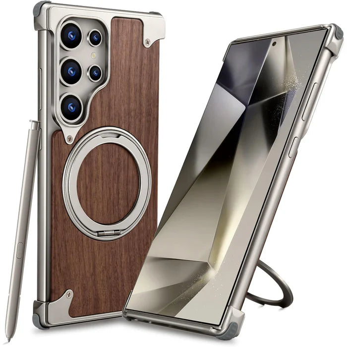 Walnut Wood Aluminum Alloy Magnetic Ring Stand Frameless Case For Samsung