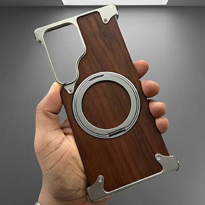 Walnut Wood Aluminum Alloy Magnetic Ring Stand Frameless Case For Samsung