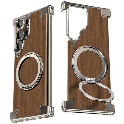 Walnut Wood Aluminum Alloy Magnetic Ring Stand Frameless Case For Samsung